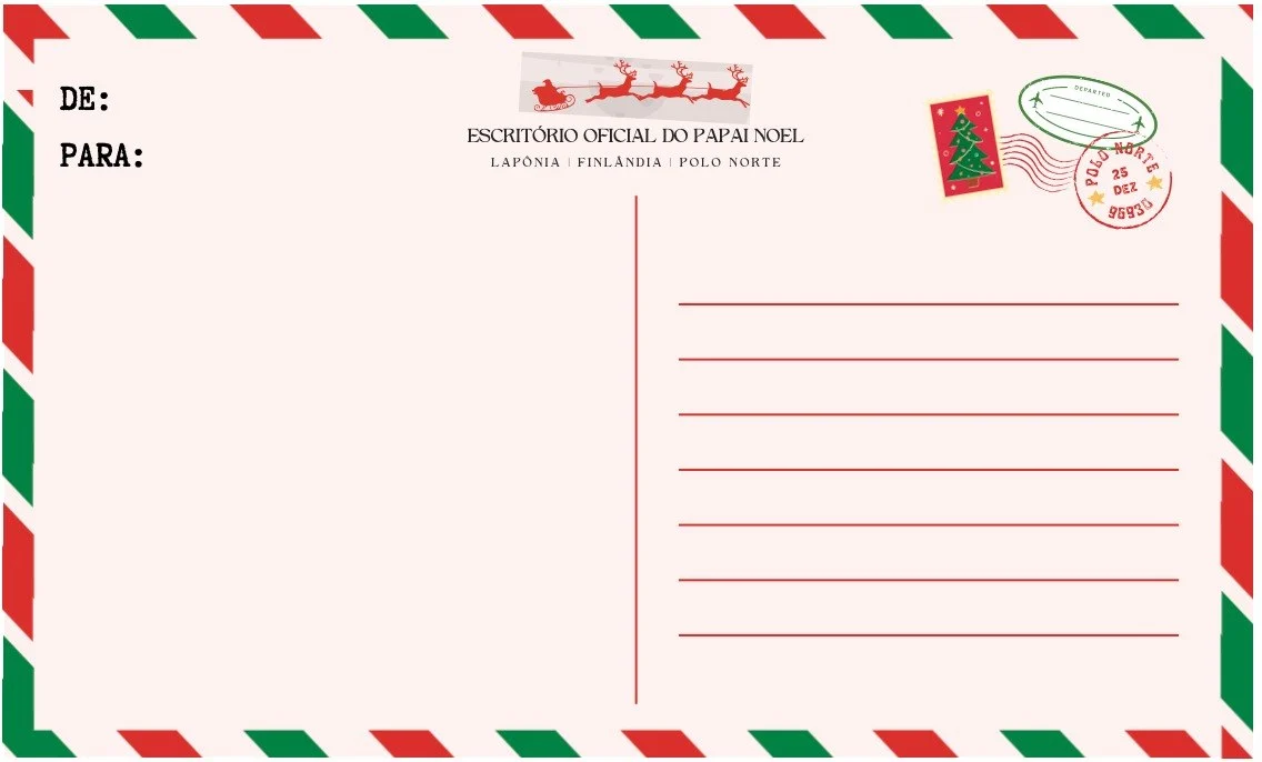 Cartão postal natalino do Escritório Oficial do Papai Noel, com selo, carimbo do Polo Norte e linhas pro recado