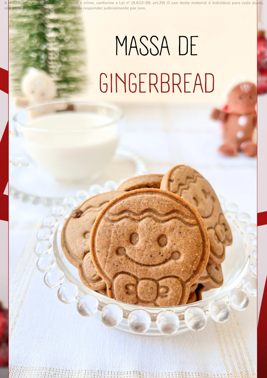 Página do ebook com a abertura da massa de gingerbread e o prato de biscoitos