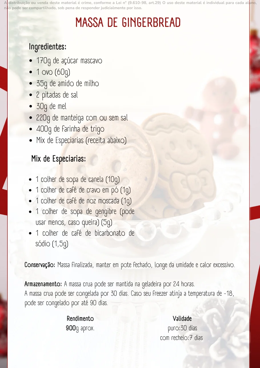 Página do ebook com os ingredientes da massa, o mix de especiarias, rendimento e validade