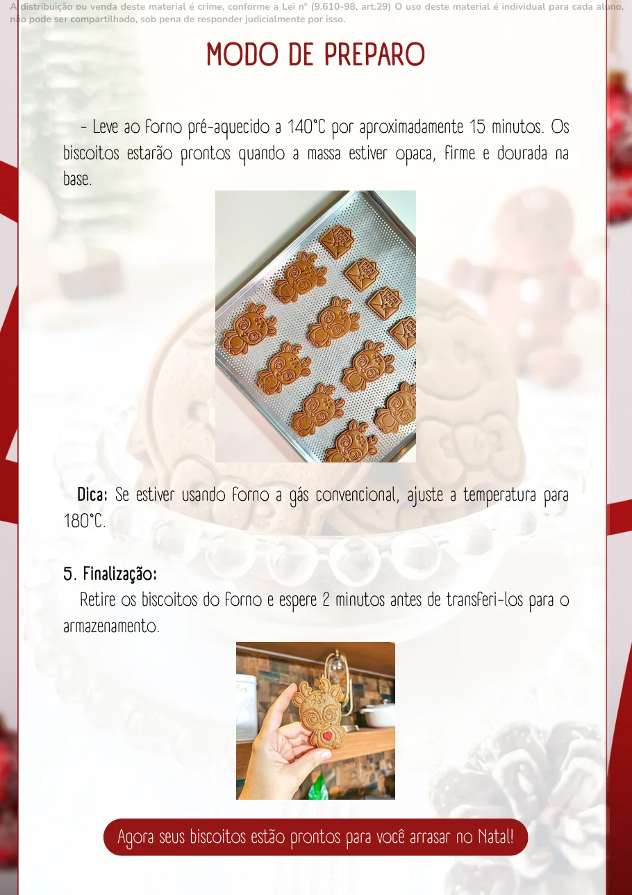 Página do ebook com o assamento, a assadeira e a finalização dos biscoitos